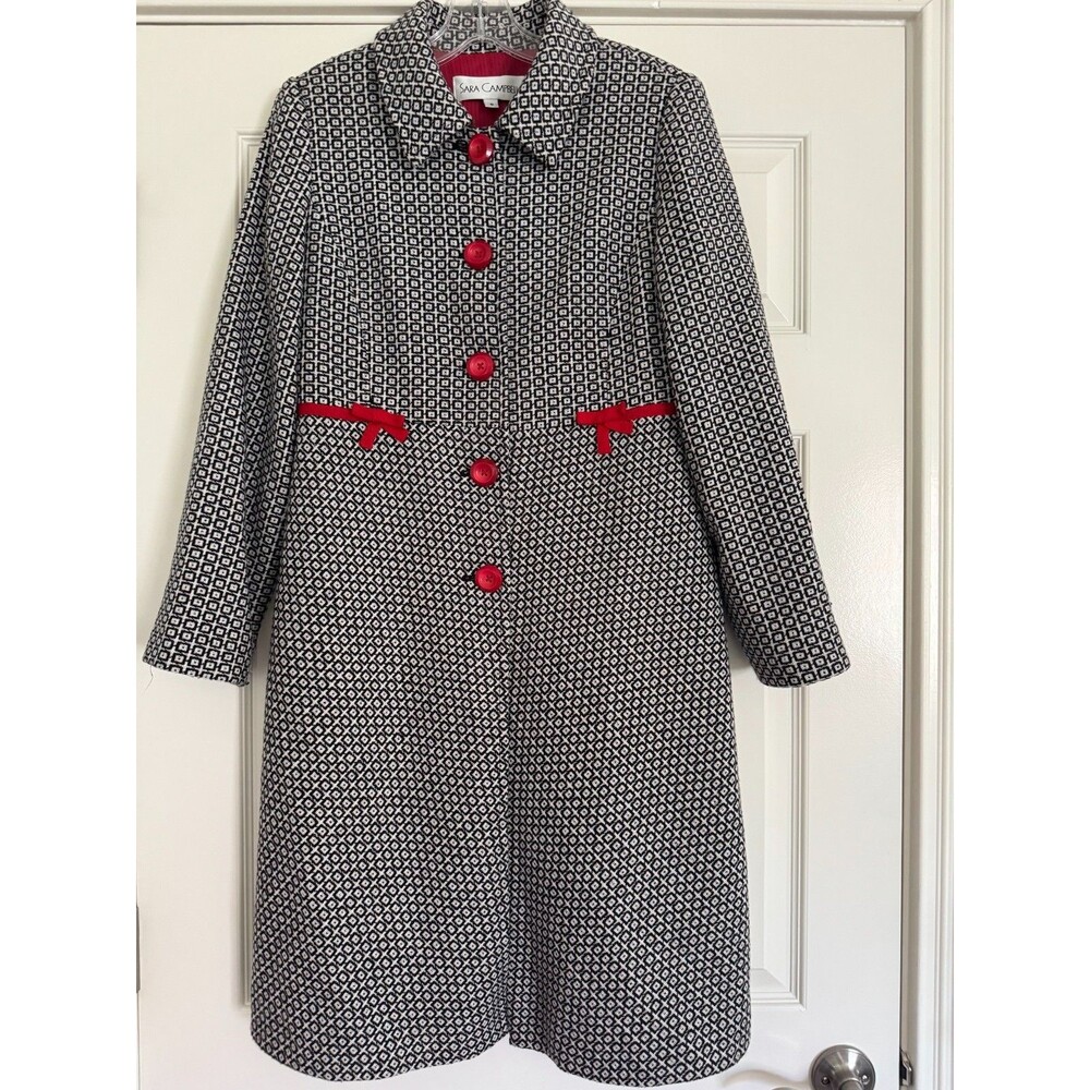 Sara Campbell Black & White Red Detail Wool Blend Coat Size 6 STUNNING! Vintage?